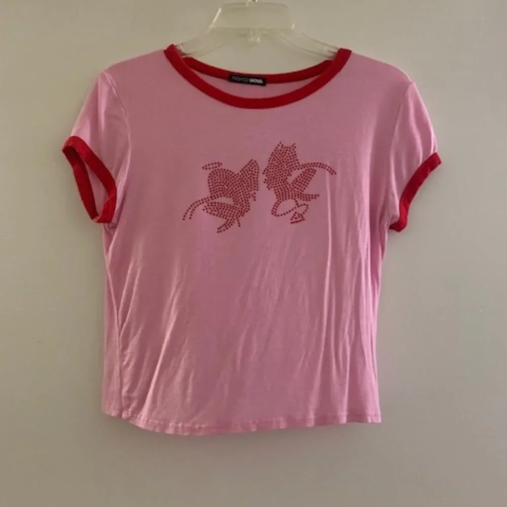 Angel and Devil Rhinestone Ringer Top - Picture 2 of 10